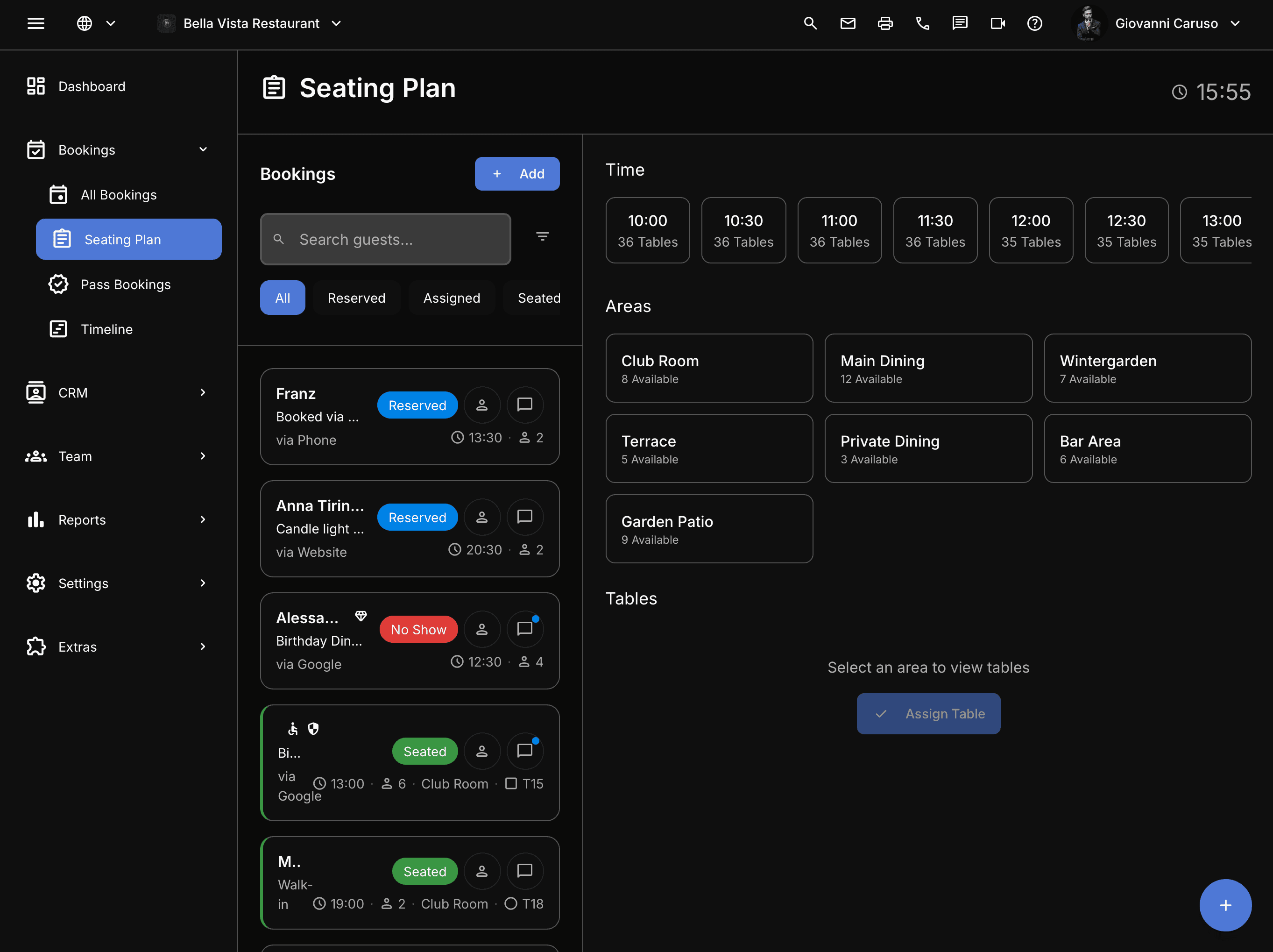 Table42 Seating Plan — real product screenshot showing bookings list with Reserved, Seated and No Show statuses alongside the seating areas view